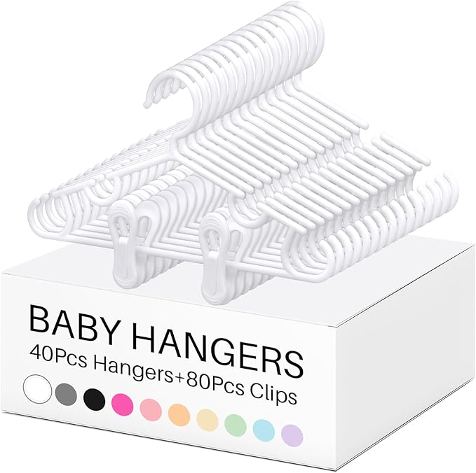 Hsei 5/10/40 Pack Baby Hangers with 10/20/80 Clips, Plastic Kids Pants Hangers for Nursery Closet Top and Bottom Clothes Hanger Set for Newborn Infant Toddler(120 Packs Total,White,10.6 Inch)