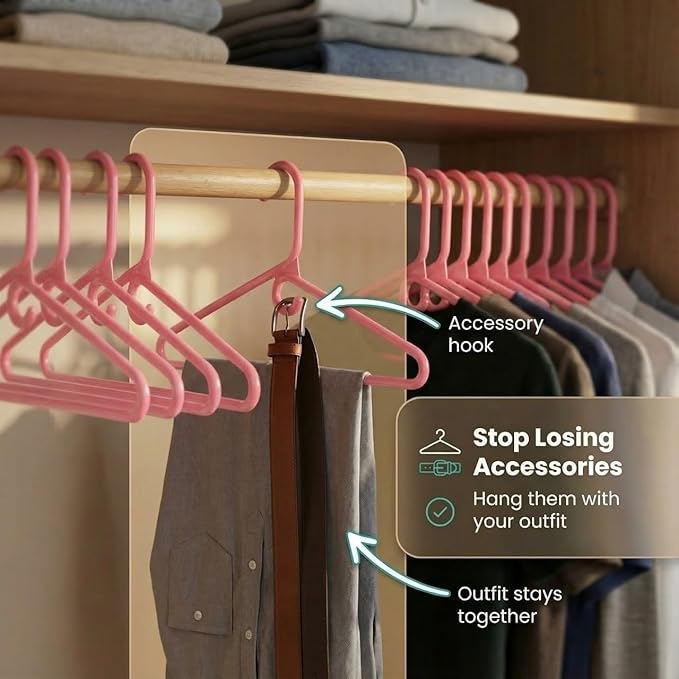 DEILSY™ Pink Heavy Duty Hangers with Hooks for Scarves & Belts – Thick and Strong Clothes Hangers for Shirts, Jackets, Pants, and Dresses – Space-Saving Plastic Hangers – Pack of 30