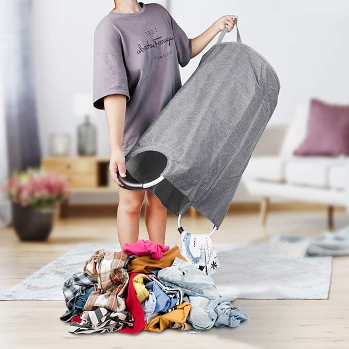 Heavy Duty Large Laundry Hamper Bag Collapsible, Tall Laundry Basket with Sturdy Handles, Fabric Dirty Clothes Bin for Laundry, College Dorm, Boys, Man, Durable Two-Layer - Grey