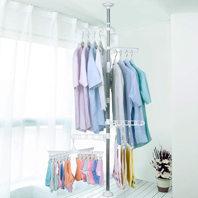 BAOYOUNI 4-Tier Standing Clothes Garment Drying Rack Laundry Coat Storage Rod Organizer Balcony Windowsill Adjustable Metal Corner Plant Hanger Tension Pole Rail Space Saving, Ivory