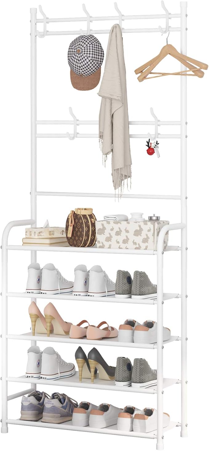 UDEAR Entryway Coat Rack - Large Space, 5-Tier Shoe Storage, Hanging & Storage, 15-20 Pairs, Multifunctional White Hanger