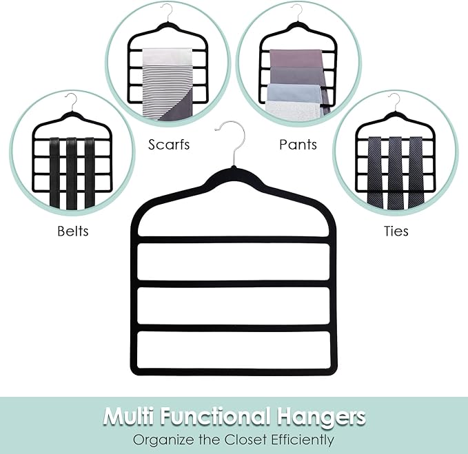 Velvet Hangers Space Saving Non Slip Pant Velvet Hangers, DUDUCOFU 8 Pack Black Multi Layer Clothes Hangers Closet Organizer for Pants Trousers Scarf