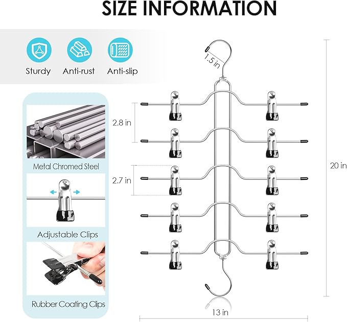 Skirt Hangers with Clips, Jadkysarh 5 Tier Pants Skirt Hangers Space Saving Multi Shorts Hangers with Adjustable Clips Closet Organizer and Storage for Jeans, Leggings 4 Pack
