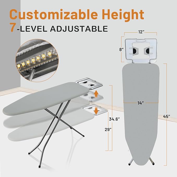 Ironing Board Full Size, 52x14 Inch Iron Board with Steam Rest, Heavy Duty Metal Frame Legs Foldable Ironing Stand, Non-Slip, 7 Height Adjustable, Gray