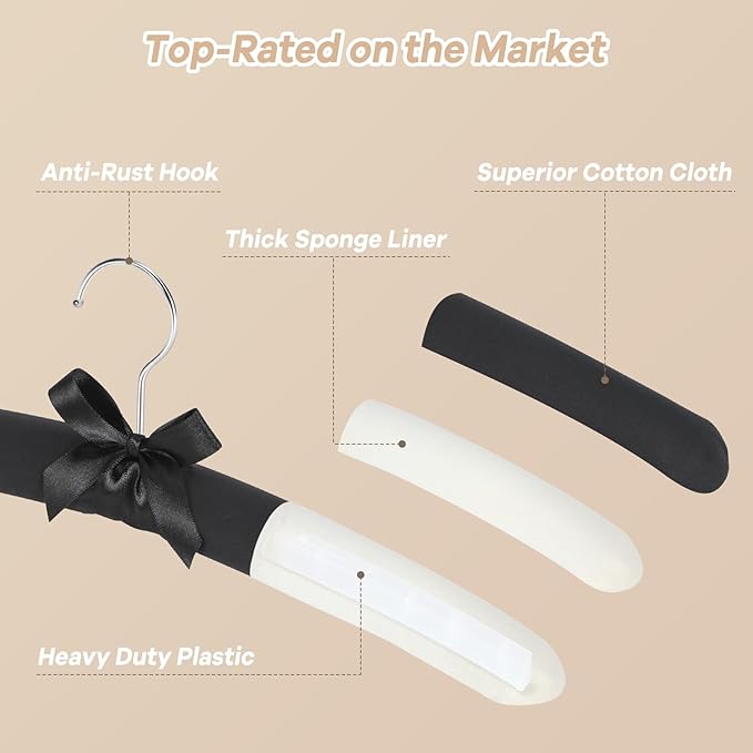 Elegant Padded Hangers for Women Clothing - Fabric Padded Clothes Hangers - No Bump Black Closet Hanger for Sweater, Coat, Suit, Dress - Pack of 10