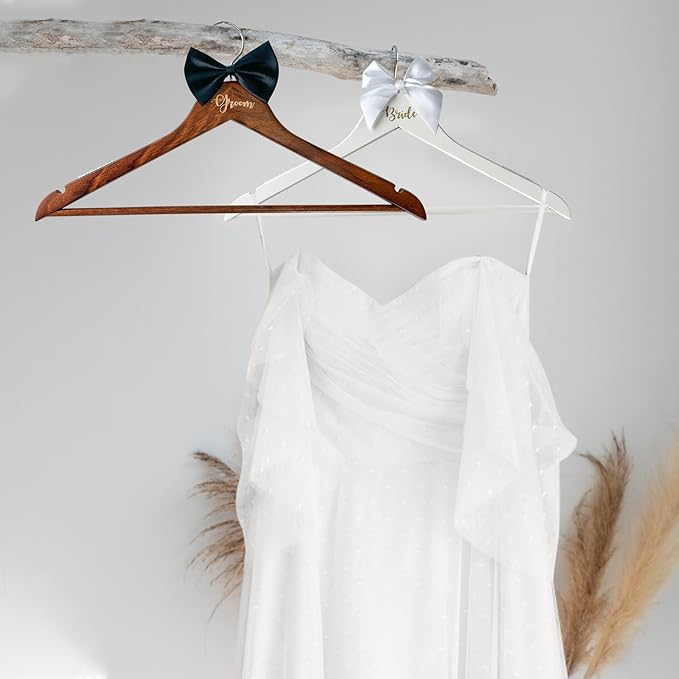 Groom Bride Hanger for Wedding Dress or Suit - 2 Pack Wedding Hangers Gifts Accessories - Bridal Hanger with Bow Tie & Exquisite Wrist Flower for Bridal Party