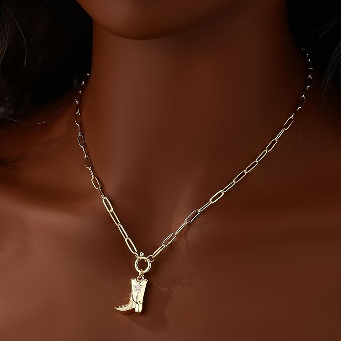Chunky Gold Necklace for Women Gold Evil Eye Cowboy Pendant Necklace Dainty Paperclip Chain Vintage Luck Amulet Choker Necklaces Celestial Jewelry Gift