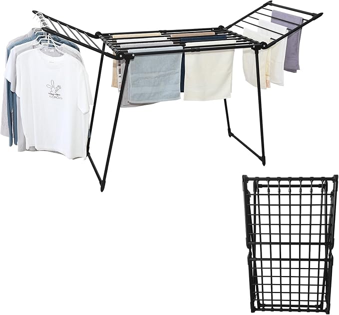 Expandable Clothes Drying Rack, Gullwing Laundry Drying Rack, Space-Saving, Towels, Linens, Indoor, Outdoor Black