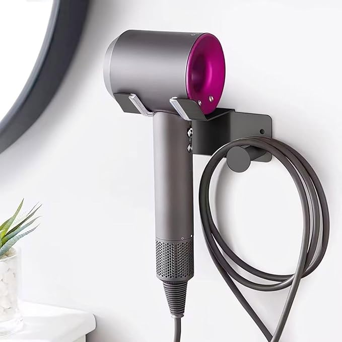 Hair Dryer Holder, Dyson Hair Dryer Holder, Blow Dryer Holder with Cord Hook SUS304 Stainless Steel Wall Mount, Self Adhesive/Screw Space Saving Hairdryer Holder for Bathroom Black