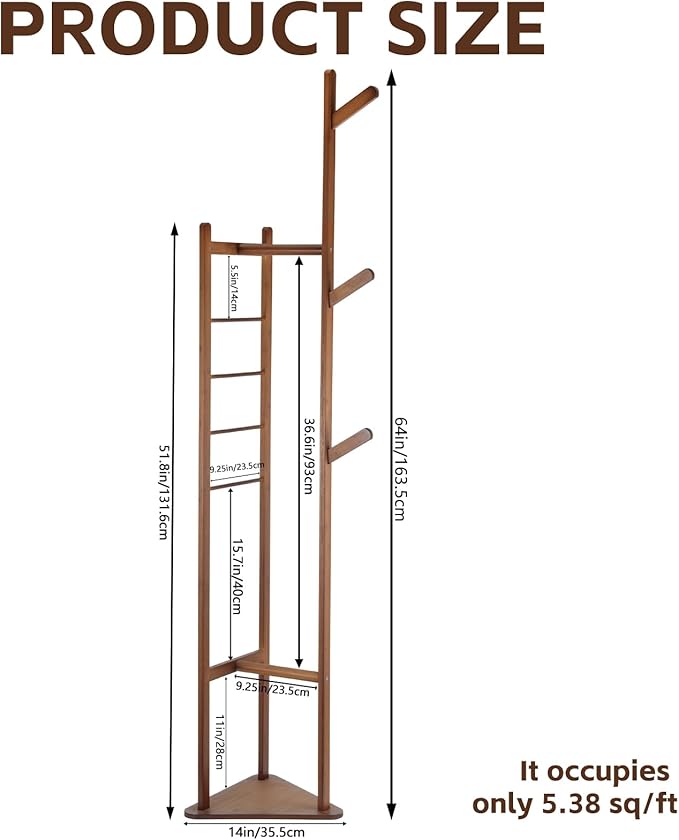 Multifunctional Coat Rack with Three Main Rods, Solid Bamboo Coat Tree with Top Hanging Bar & Shoe Base, Heavy Duty Clothes Rack for Coats Jackets Suits, Easy Assembly, Natural Wood