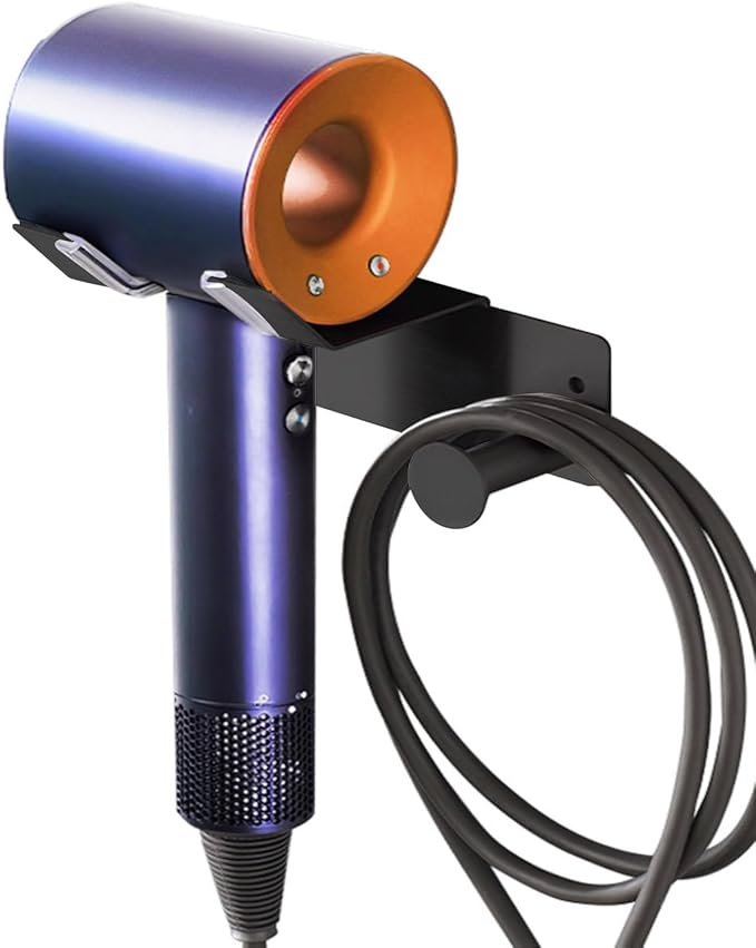 Hair Dryer Holder, Dyson Hair Dryer Holder, Blow Dryer Holder with Cord Hook SUS304 Stainless Steel Wall Mount, Self Adhesive/Screw Space Saving Hairdryer Holder for Bathroom Black