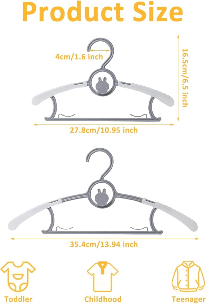 50 Pack Baby Hangers, Non-Slip Kids Hangers, 11"-14" Adjustable Infant Hanger, Space Saving Plastic Hanger for Girl Boy Toddler Kids Child (Grey)