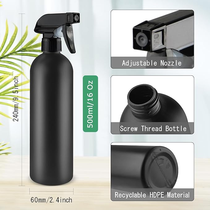 500ml/16 Oz Plastic Spray Bottles,Empty Heavy Duty Adjustable Fine Mist and Stream Container for Home Garden Plant,Essential Oils,Hair,Household Cleaning Solutions-Black,6 Pack