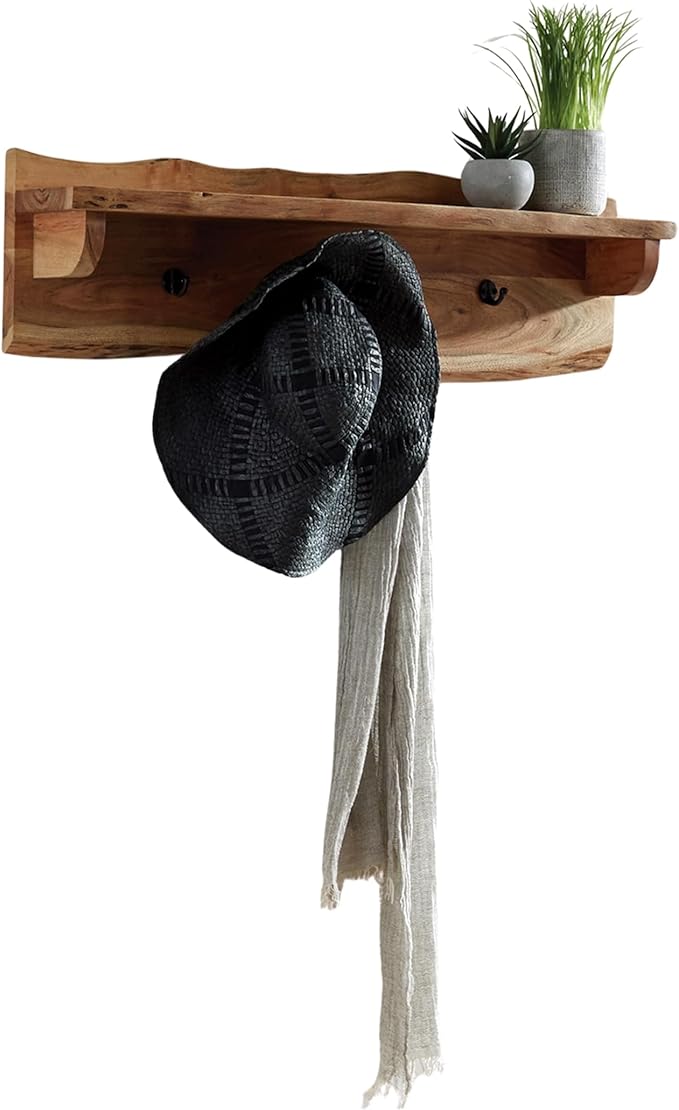 Alaterre Furniture Alpine Natural Live Edge Wood Coat Rack – 36" Solid Wood Wall-Mounted Coat Hook with Top Shelf & 4 Hooks – Modern Farmhouse Storage Organization for Entryway, Hallway, or Mudroom