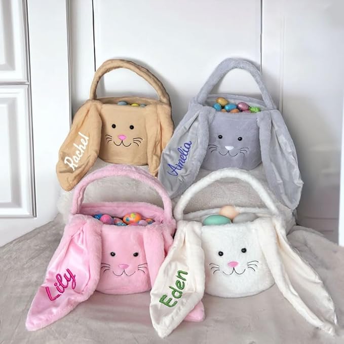 Embroidered Personalized Bunny Bag with Name, Kids Spring Egg Hunt Tote, Baby Boys & Girls Holiday Gift, Custom Monogram Rabbit Carry BaBasket for Easter Egg Hunt