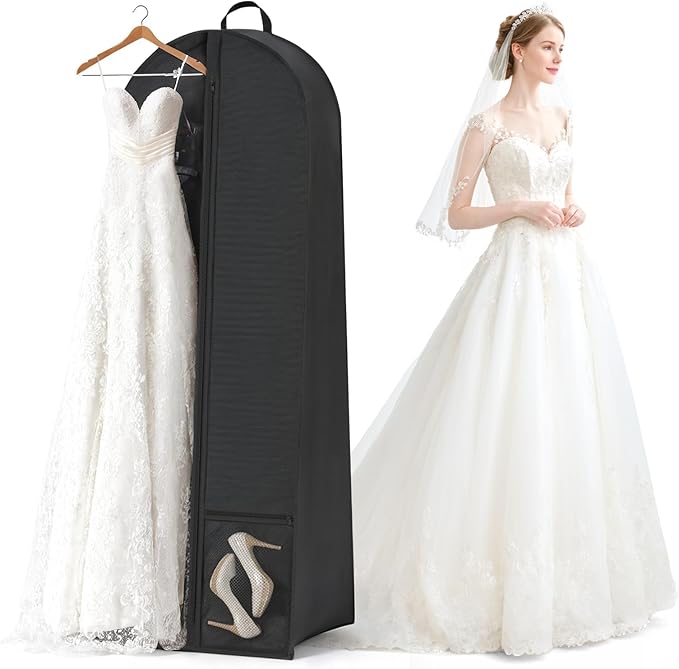 72'' Wedding Gown Dress Garment Bag, 8"/20"'' Gusseted Garment Cover for Puffy Bridal Gowns Cover, Travel Garment Storage Bag for Prom, Cosplay, Evening Gowns (Black, 1Pack 72")