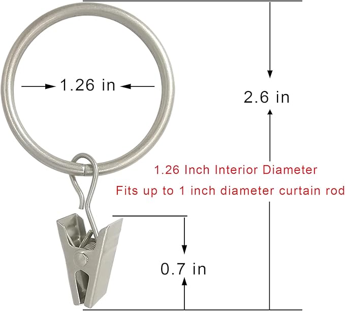 40 Pack Matte Silver Curtain Rings with Clips, Curtain Hooks Hangers Clip Rings for Hanging Drapes Bows Hat, Drapery Rings 1.26 in I D, Fits up to 1 in Diameter Curtain Rod.