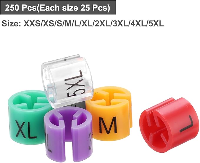 MECCANIXITY Clothes Hanger Marker XXS/XS/S/M/L/XL/2XL/3XL/4XL/5XL Size Tag Fit 3mm Rod Multicolor for Garment Clothing Color Coding, 250Pcs
