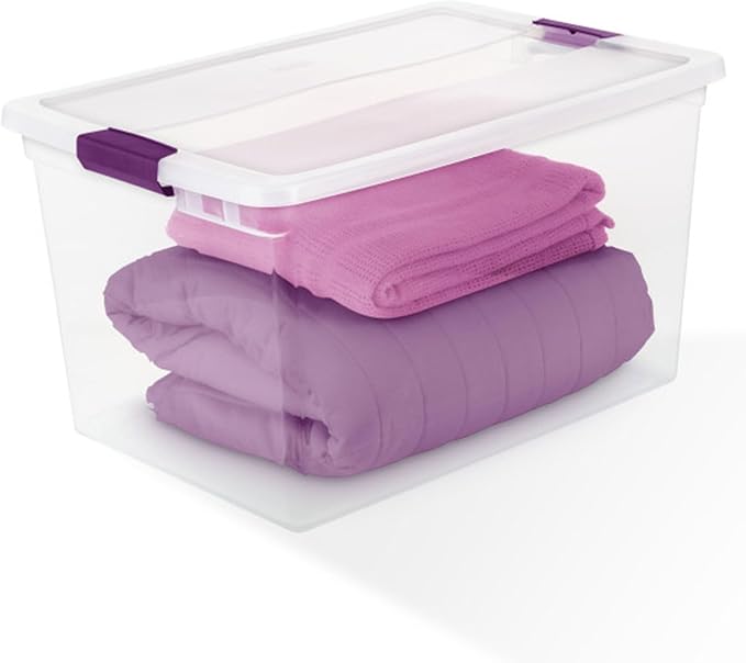Sterilite 66 Qt ClearView Latch Storage Box, Stackable Bin with Latching Lid, Plastic Container to Organize Clothes in Closet, Clear Base, Lid, (Pack of 6)