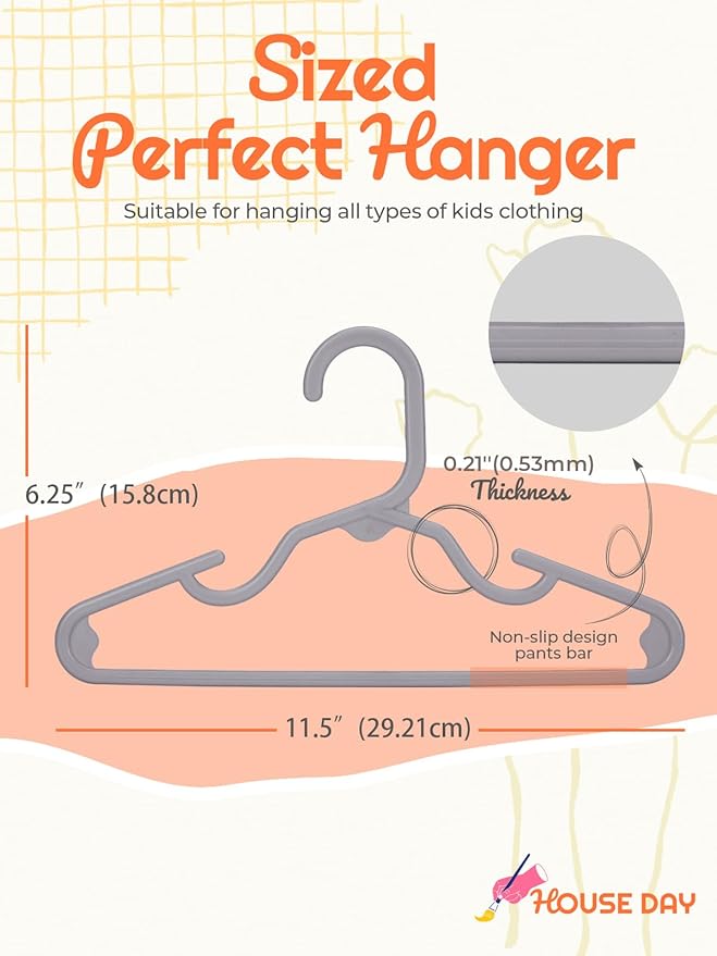 HOUSE DAY Premium Baby Hangers 120 Pack, 11 Inch Kids Plastic Hangers Grey, Slim Childrens Hanger for Infant, Toddler, Child Clothes, Non-Slip Sturdy and Durable Baby Clothes Hanger for Closet
