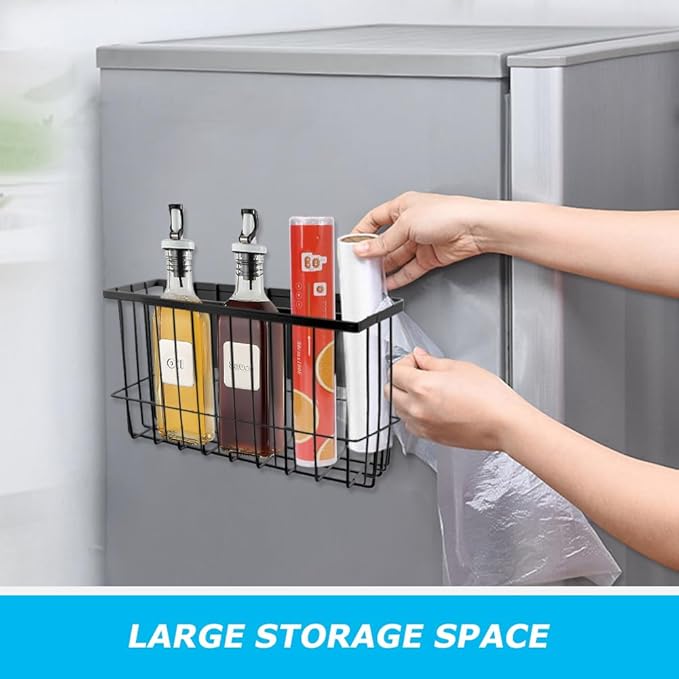 Magnetic Metal Basket Organizer for Fridge & Locker, Storage Basket for Foil/Plastic Wrap/Spice/Dryer Ball, Space-Saving Kitchen & Laundry Solution (Black, S)