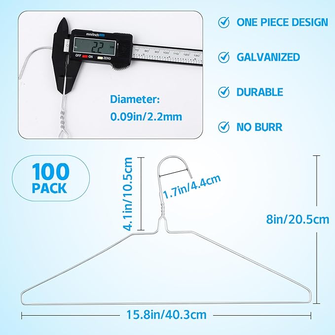 100 Pcs Sliver Wire Metal Clothes Hangers Bulk, 12 Gauge Ultra Thin Clothing Hanger, Non Slip, Metal Hangers, Slim Space Saving for Coat Suits Shirts Pants Skirts