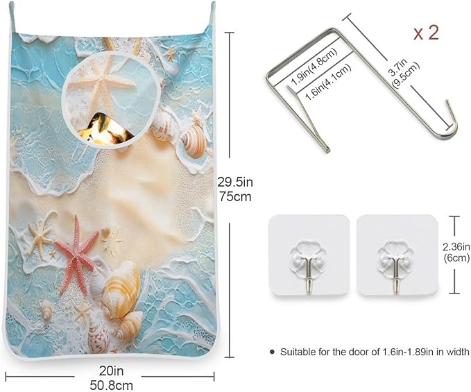 Blue Beach Sea Star Shell Summer Hanging Laundry Hamper Door Hampers Bag Basket with Stainless Steel Hooks Oxford Fabric Printing Decorative Clothes Bags 29.5X20inch 1Pack