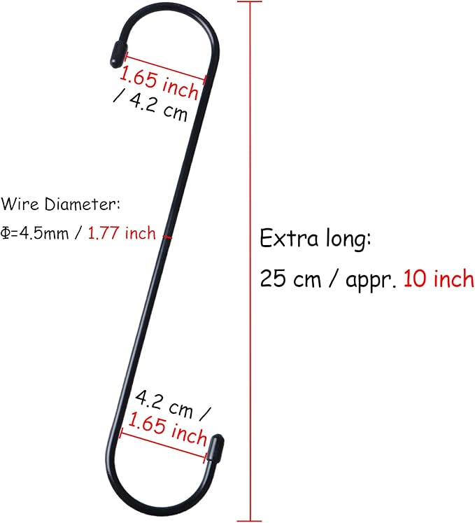 YourGift 6 Pack 10 Inch Extra Long Heavy Duty S Hooks for Hanging Plant, Closet, Flower, Basket, Garden, Patio, Bird Feeder (Black)