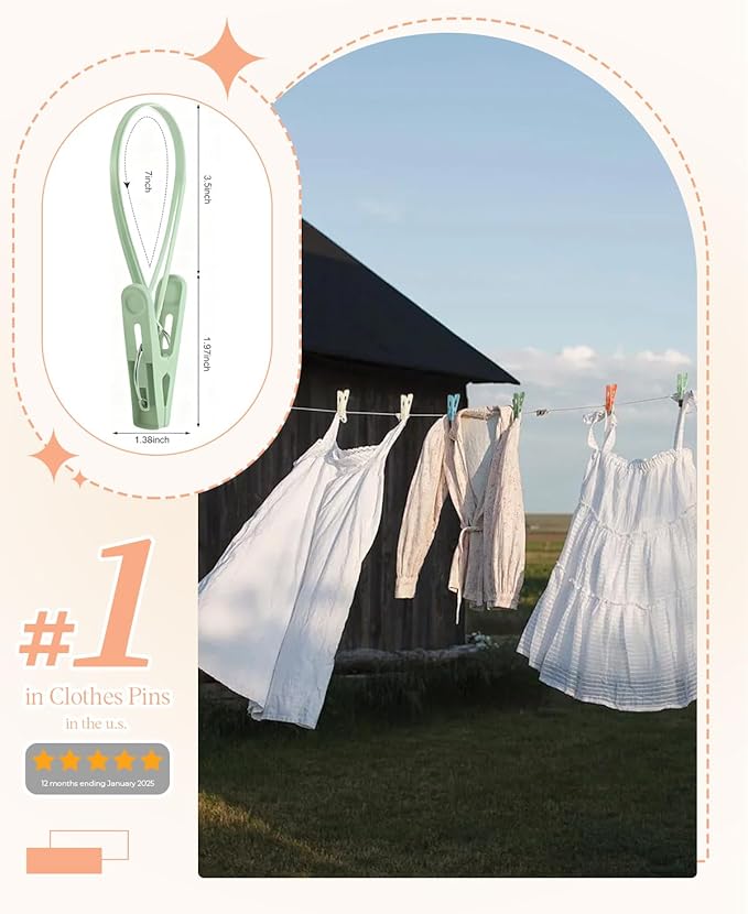100 Pack Multi Purpose Laundry Hanging Clips with Rope, Heavy Duty Hanger Hooks for Baby Clothes, Pants, Socks, Hats (Light Blue, Light Gray, Light Pink, Green, Light Yellow)