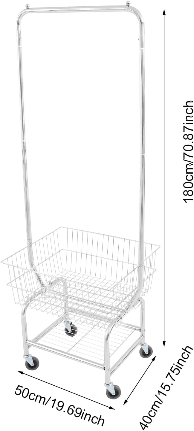 Laundry Cart,Steel Wire Laundry Cart,Laundry Basket With Wheels,Commercial Laundry Basket Cart Heavy Duty with Rod Rack 19.69x15.75x70.87in (H)