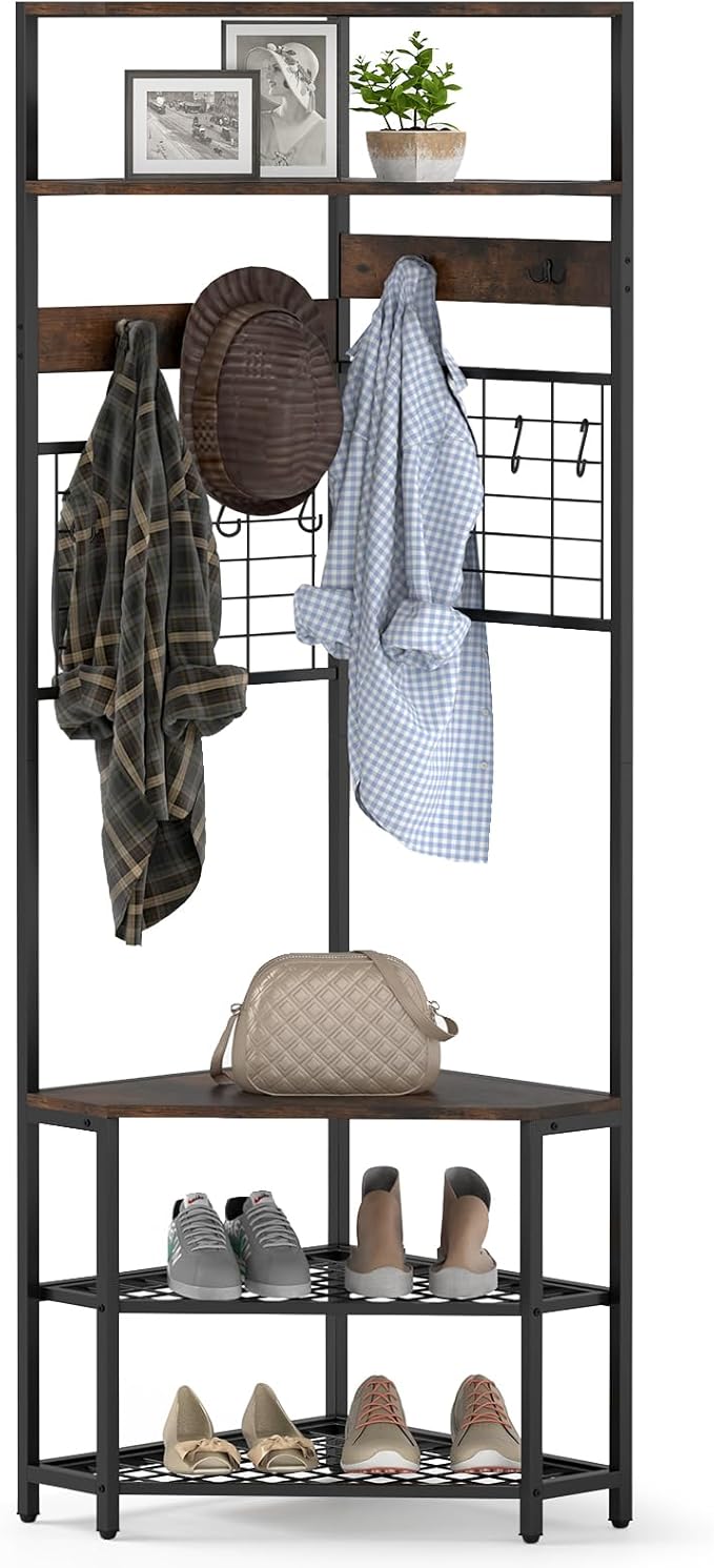 Giantex Corner Hall Tree, 73" Tall Coat Rack w/Shoe Storage Bench, 12 Metal Hooks, 5-Tier Entryway Shoes Shelf Organizer, Freestanding Clothes Rack for Living Room, Bedroom (Rustic Brown & Black)