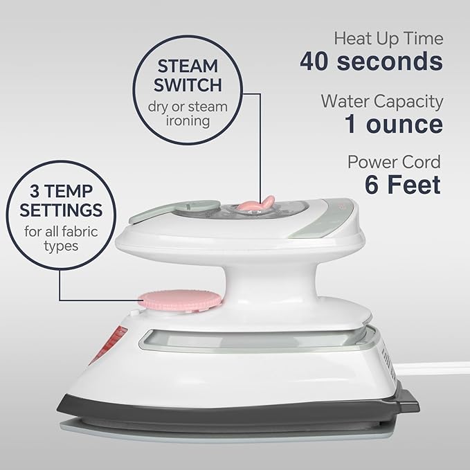BEAUTURAL Mini Travel Steam Iron for Clothes with Dual Voltage, Temperature Control, Non-Stick Soleplate and Cord Storage, Ideal for Sewing, Quilting and Handcraft