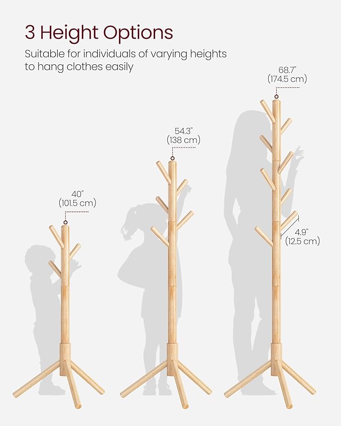 VASAGLE Solid Wood Coat Rack, Free Standing Tree-Shaped Coat Rack with 8 Hooks, 3 Height Options, for Clothes, Hats, Bags, Living Room, Bedroom, Home Office, Natural Beige URCR004N01