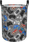 Video Game Controller Grey Background Round Laundry Hamper Gaming Theme Storage Basket Toys Clothes Organizer Bin For Home Bathroom Bedroom Dorm Nursery, 38l