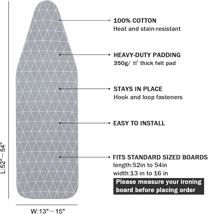 Ironing Board Cover and Pad Standard Size 15 x 54,3 Pairs of Hook and Loop Fastener Straps,Elastic Edges,Cotton Iron Board Cover with Scorch Resistant Thick Padding (Pattern G)