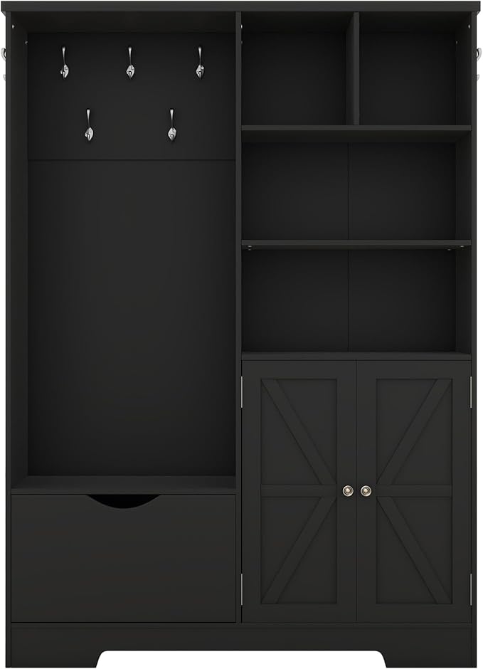 Modern Wood Entryway Hall Tree with Storage Shelves Drawers and Cabinet, Multi-functional Coat Rack Shoe Cabinet with Hooks and Bench for Entrance Entryways (Black-K27)