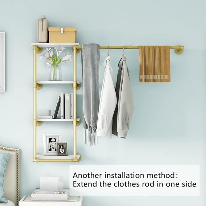 Wall Mounted Pipe Clothing Rack with Shelf,Gold Industrial Clothes Rack with 4 Tier Closet Bar Heavy Duty Iron Garment Rack, Retail Display Clothes Rod for Hanging Clothes,Laundry Room (Gold)