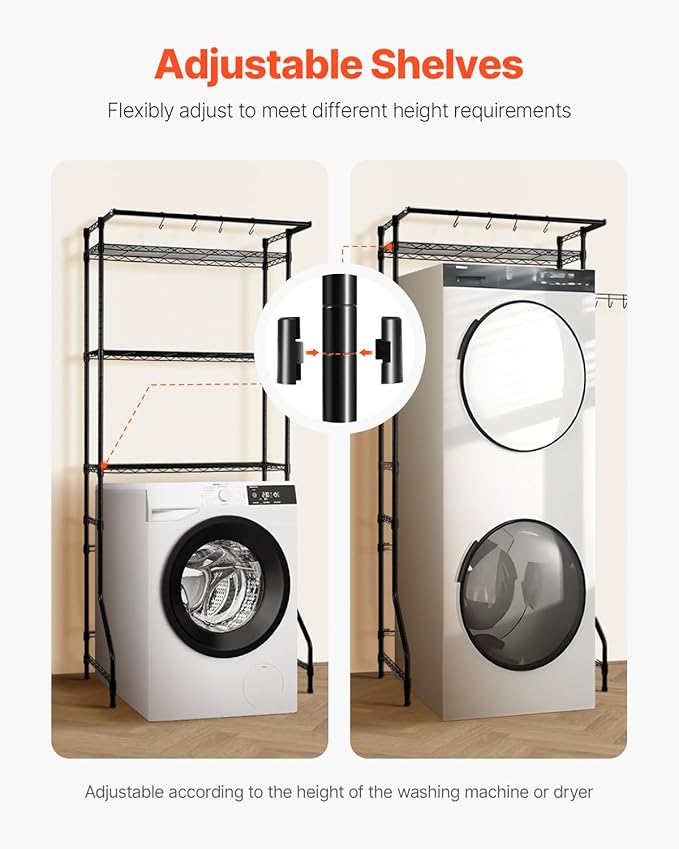 VEVOR Over The Washer and Dryer Storage Shelf, 3 Tier Laundry Room Drying Rack with Hanger Rod and Hooks, Adjustable Over Washer and Dryer Shelves, Laundry Room Shelf Storage Space Saver, Black