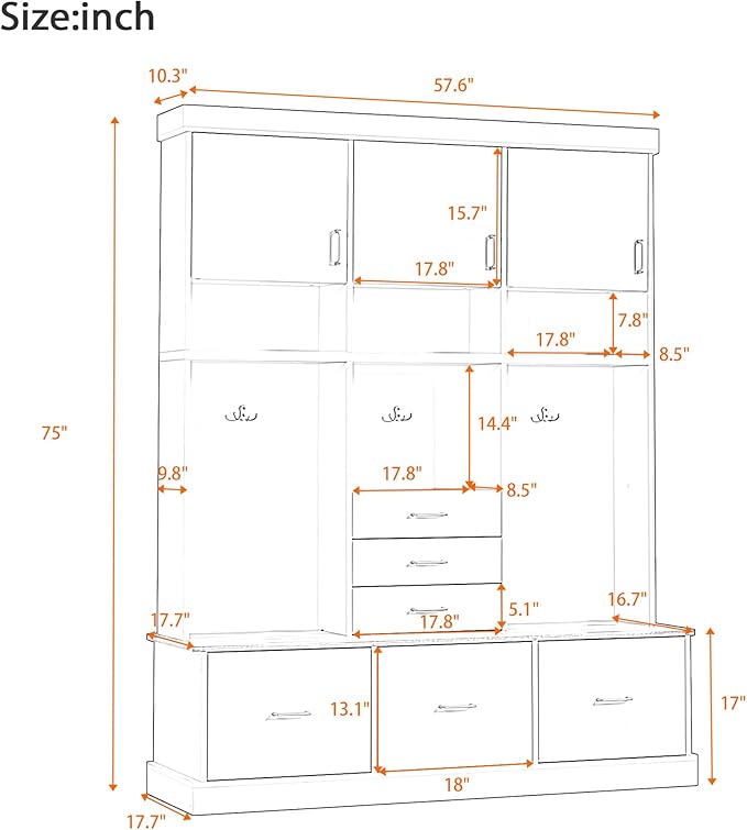 Modern 58'' Wide Hall Tree with Bench and Storage, 5-in-1 Wood Hall Tree with Coat Rack, 6 Drawers, 3 Cabinets and 3-Tier Top Storage for Hallway, Entryway, Living Room, Mudroom (Black-10.15)