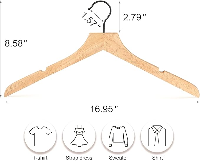 TOPIA HANGER Rubber Wood Hangers, Wooden Clothes Hangers with Rotatable Black Hook and Smooth Cut Nothces, Set of 12 Durable and Slim Hangers for Coats, Suits, Jackets, Sweaters, Dresses - CTS01N