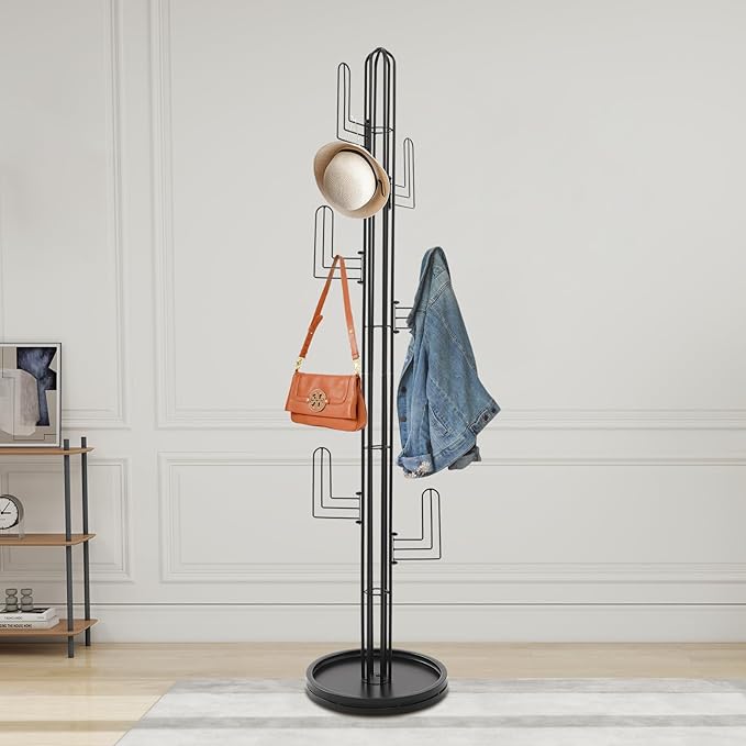 Cactus Coat Rack, Freestanding Coat Rack With 6 Hooks, Modern Metal Coat Racks with Round Base, Gold Cactus Shape Clothing Stand for Bedroom, Office (White)