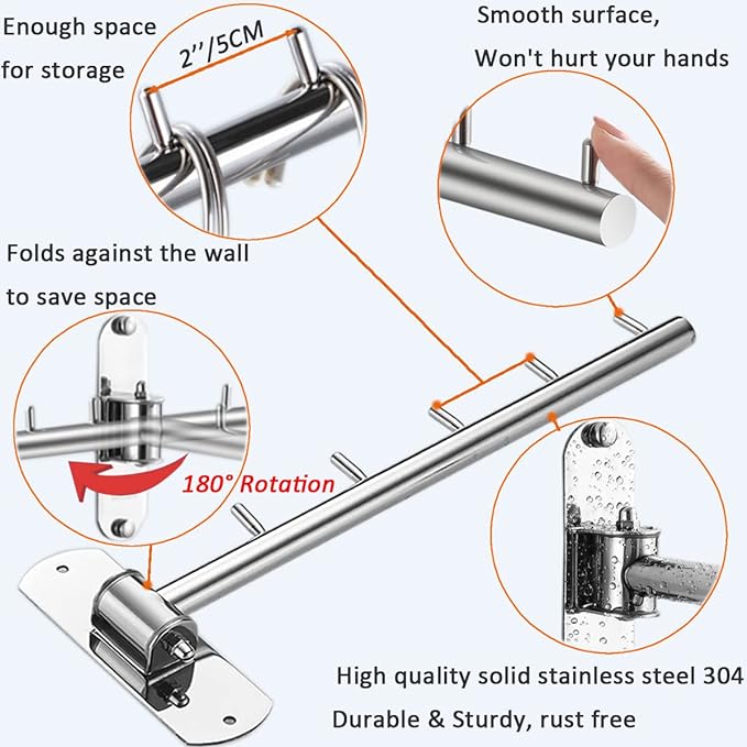 Clothes Hanger Rack Swing Arm, Folding Clothes Hanger Wall Mounted Space Saving Drying Rack, Stainless Steel 304 Laundry Room Valet Hook Holder, Foldable Hanging Hook Rod (Silver)