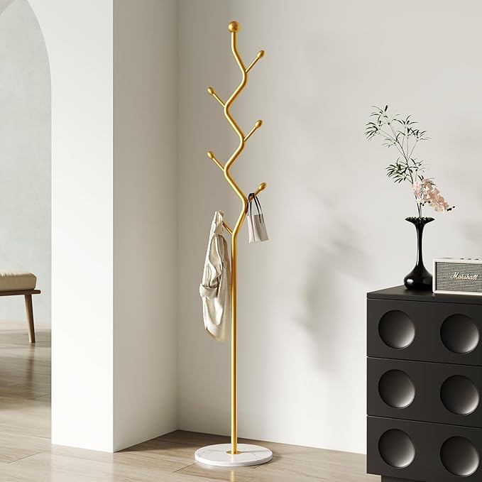 Creative Tree Branch-Look Gold Coat Rack Freestanding with 6 Hooks & Sturdy Marble base Metal Clothes Hanger Stand for Entryway/Mudroom/Bedroom/Hallway/Home Office (gold)