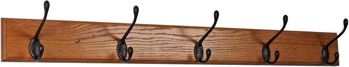 Wooden Mallet 5, Black Hooks, Medium Oak Coat Rack