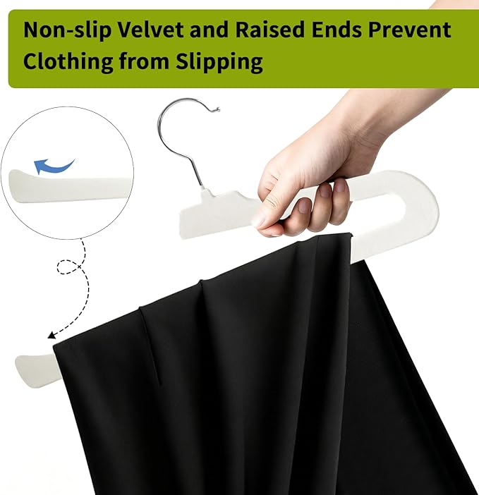 ManGotree Non Slip Velvet Pants Hangers, Open Ended Felt Jean Hangers for Closet Organizer, Heavy Duty Space Saving for Trousers, Slacks, Shorts, Dress, Scarf (20 Pack, Ivory)