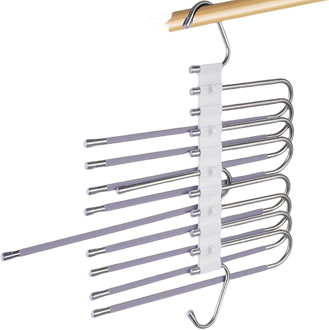2Pack 9 Layers Foldable Pants Hangers Space Saving Trouser Hanger Multifunctional Trouser Rack Hanger Hanging Hole for Wardrobe Trousers Scarf Jeans (White)