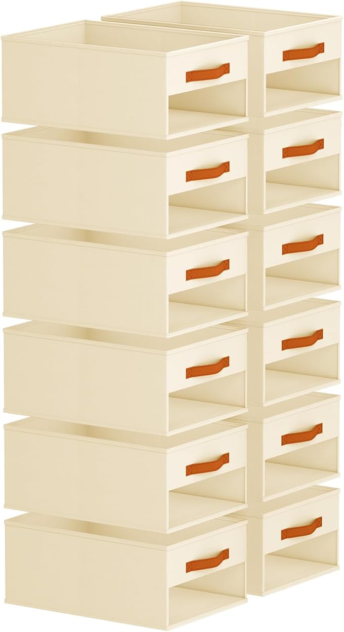 Drawer Organizers and Storage - 12 Pack Foldable Pants Organizer with Clear Window & Handles, Fabric Closet Organizer for Clothes, Jeans, Sweaters, Towels, T-shirt, Scarf (Beige)