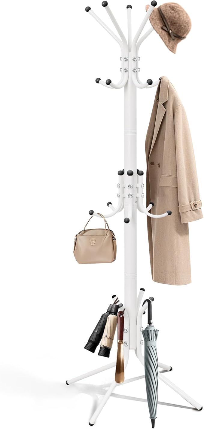 Metal Coat Rack, Freestanding Coat Tree & Hall Tree with 15 Hooks, Sturdy Coat Rack Stand and Hat Rack, Coat Hanger for Entryway, Bedroom, Office for Jackets, Hats, Bags,White