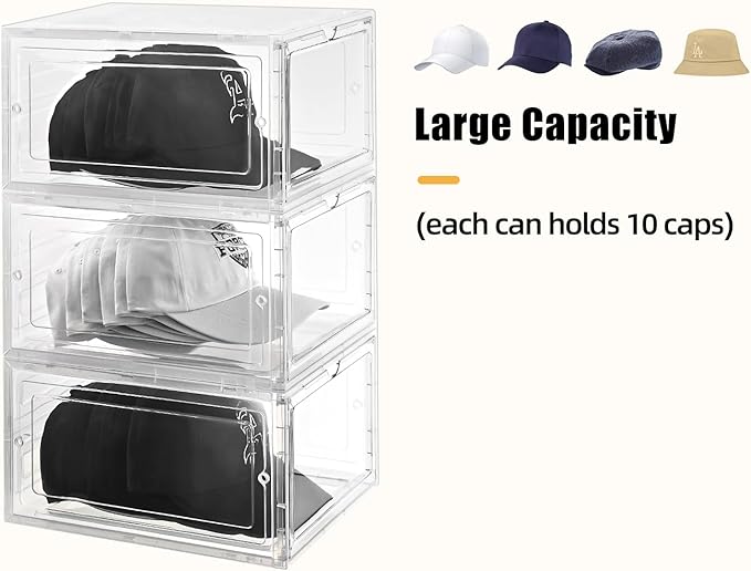 Hat Organizer Box,Stackable Clear Baseball Caps Holder Box Containers with Magnetic Door for Hats Snapback Cap Storage,Clear Hat Storage with Magnetic Door, Holds 60 Hats(clear, 6 pack)
