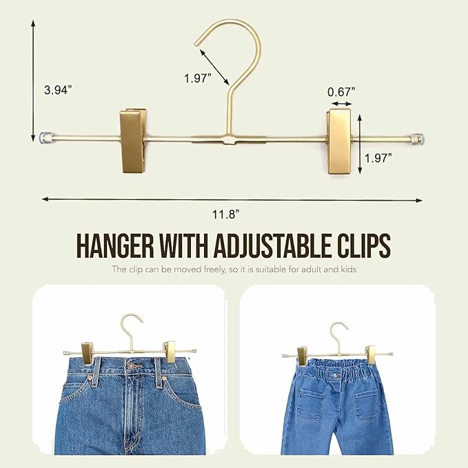 11.8" Gold Matt Aluminium Metal Bottom Clips Pants Trousers Clothes Hangers,10 Pack Heavy Duty Space Saving Durable Adjustable Clips Legging Organizer,Toddler Infant Hangers Shirts Newborn